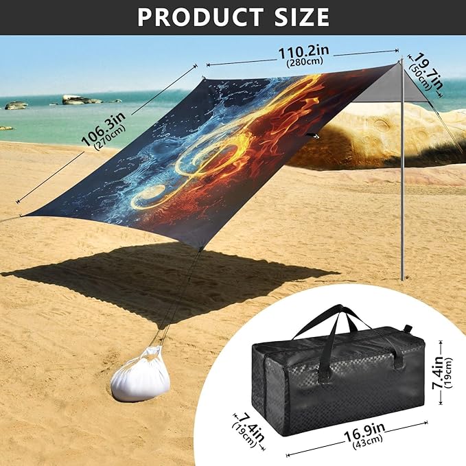 ALAZA Music Note Fire Water Beach Tent Sun Shelter Portable Canopy Sunshade for Outdoor Camping Picnics Backyard Fun 10x9 ft