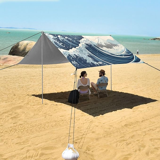 Waves Beach Canopy Sun Shelter with Sandbags &amp Sand Shovel &amp Windproof Ropes - Portable 110x126 Beach Shade Beach Tent for Camping Picnics