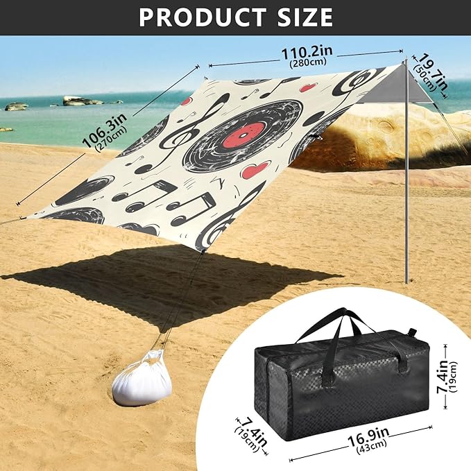 ALAZA Vintage Vinyl Record Music Notes and Hearts Beach Tent Sun Shelter Portable Canopy Sunshade for Outdoor Camping Picnics Backyard Fun 10x9 ft