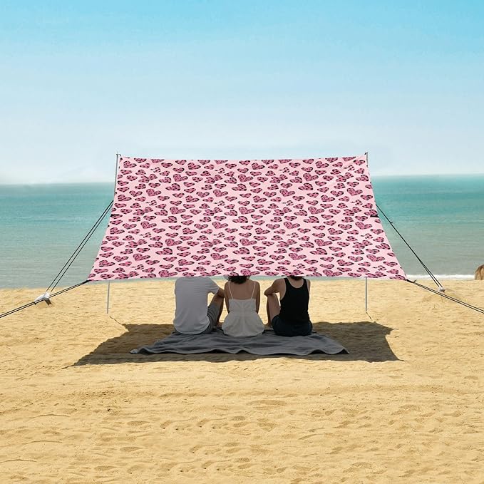 ALAZA Pink Heart Leopard Print Beach Tent Sun Shelter UPF50+ Protection Beach Shade Canopy w/ 4 Sandbags for Outdoor Camping Fishing Backyard Fun Picnic 10x9 ft
