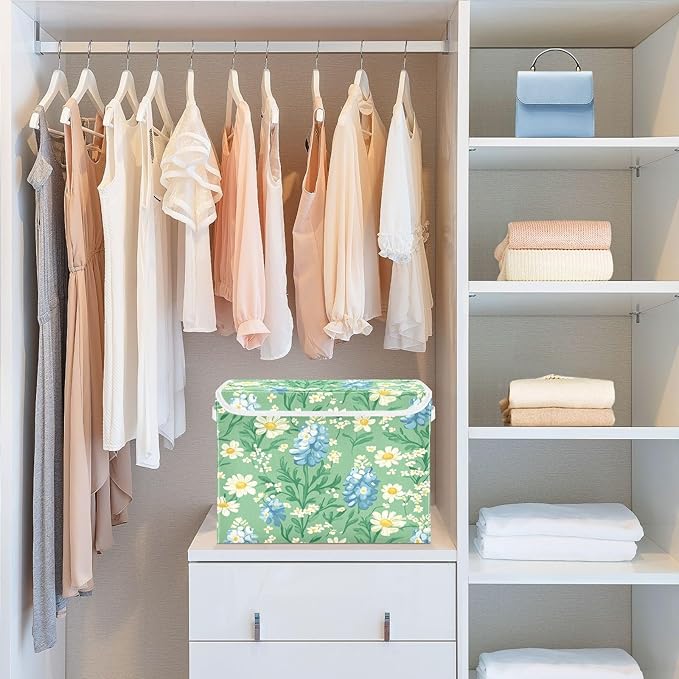 Mint Green Bluebonnet and Daisy Flowers Collapsible Storage Bins with Lids Decorative Fabric Cubes Closet Organizer Basket Boxes Containers for Clothes Box Chest