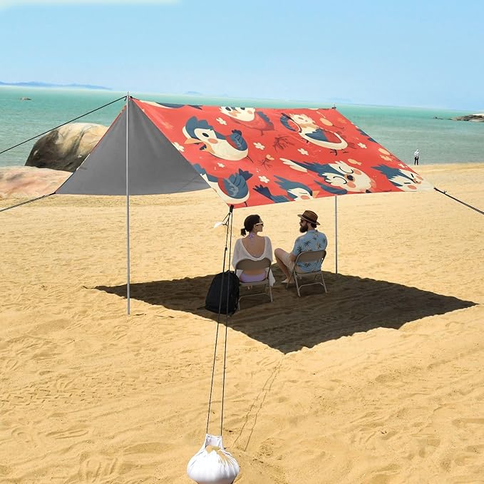 Cartoon Woodpecker Red Beach Tent UPF50+ Easy Setup Large Sun Shelter with Sand Pockets for Camping Picnics Backyard &amp Fishing