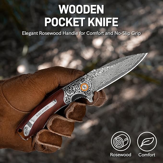 Damascus Pocket Knife for Men 3.34 Sharp Damascus Steel Blade Folding Knives with Wooden Handle EDC Knifes for Camping Hiking Collection