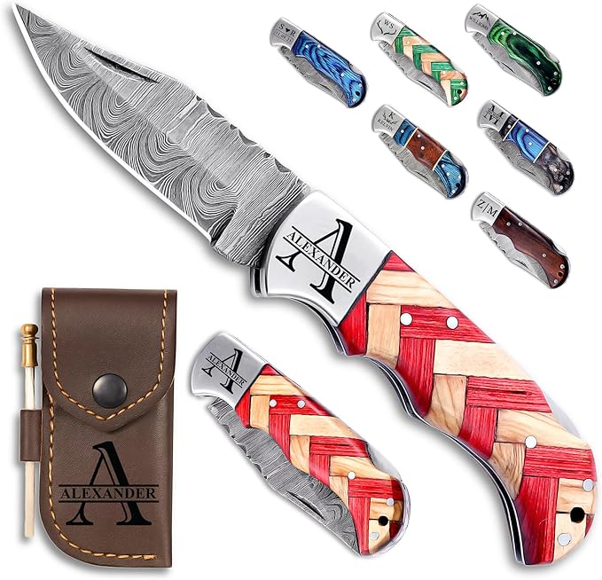 Custom Pocket Knife gifts for Men Personalized Damascus Folding Knife Engraved Gifts for Him Dad Boyfriend Husband Anniversary Groomsmen Gifts. Custom Knife for Camping Hunting Everyday Carry (