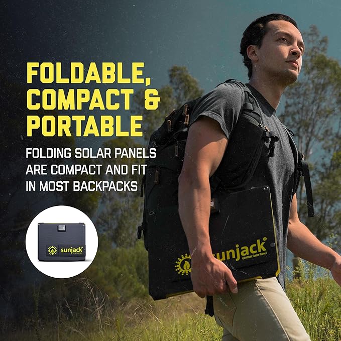 SunJack – 60 Watt Foldable Solar Panel ETFE Waterproof Portable Solar Panel with Kickstands USB-C PD30W USB-A QC3.0 DC Output Solar Panels for Camping Hiking Emergency Power