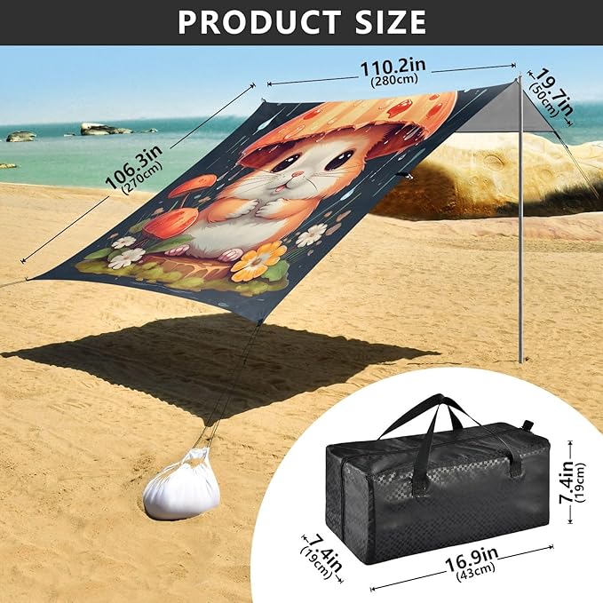 ALAZA Hamster Mushroom Beach Tent Sun Shelter UPF50+ Protection Beach Shade Canopy w/ 4 Sandbags for Outdoor Camping Fishing Backyard Fun Picnic 10x9 ft