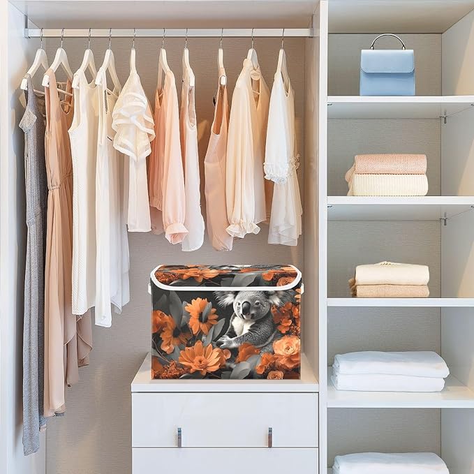Storage Cube with Lid Koala with Floral Print 16.5×12.6×11.8 IN Collapsible Large Capacity Foldable Storage Basket Bin Organizer