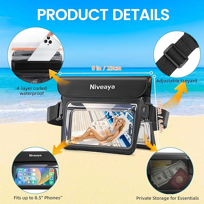 Niveaya Double Space Waterproof Fanny Pack IPX8 Waterproof Dry Bag Waist Pouch for Beach Kayaking Swimming Boat Travel Essentials Waterproof Phone Bag &amp Passport Holder for Women Men(2 Pack)