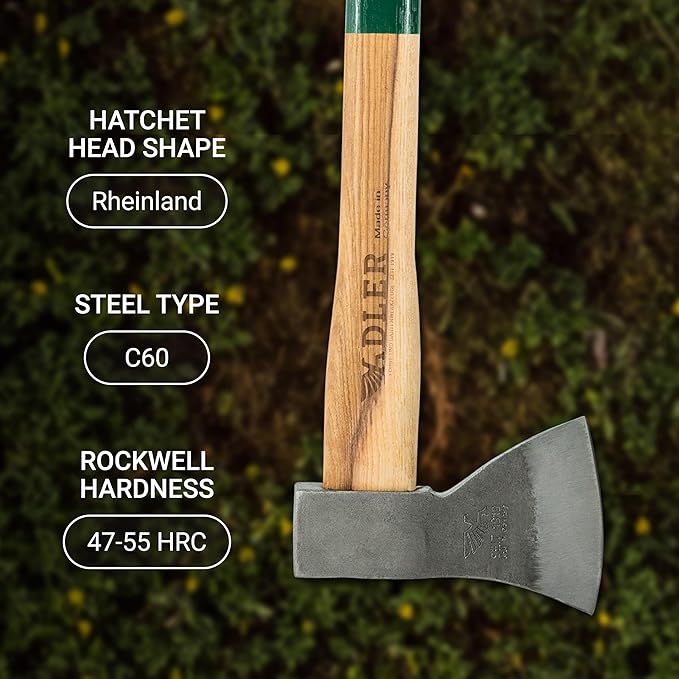 Adler Rheinland Throwing Hatchet – League Compliant Throwing Axe 1.95 lb Pro-Balanced Design 15.75 Hickory Handle (Natural) German Made with Sheath and Travel Bag Included (A13)