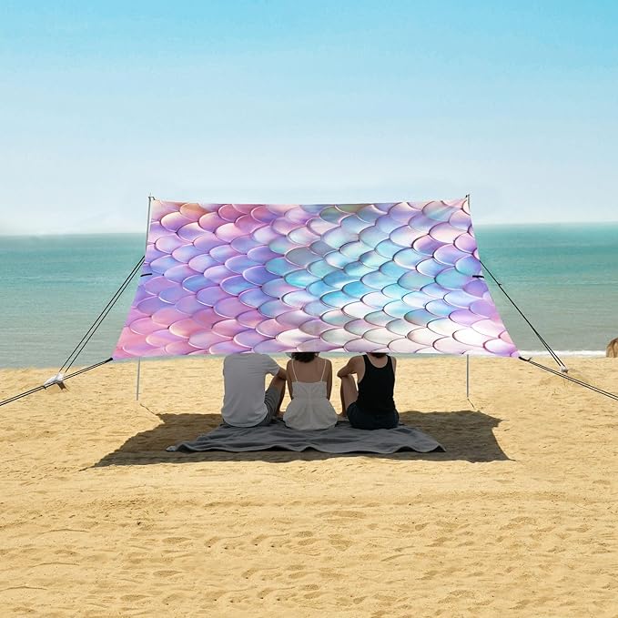 ALAZA Rainbow Mermaid Beach Tent Sun Shelter UPF50+ Protection Beach Shade Canopy w/ 4 Sandbags for Outdoor Camping Fishing Backyard Fun Picnic 10x9 ft