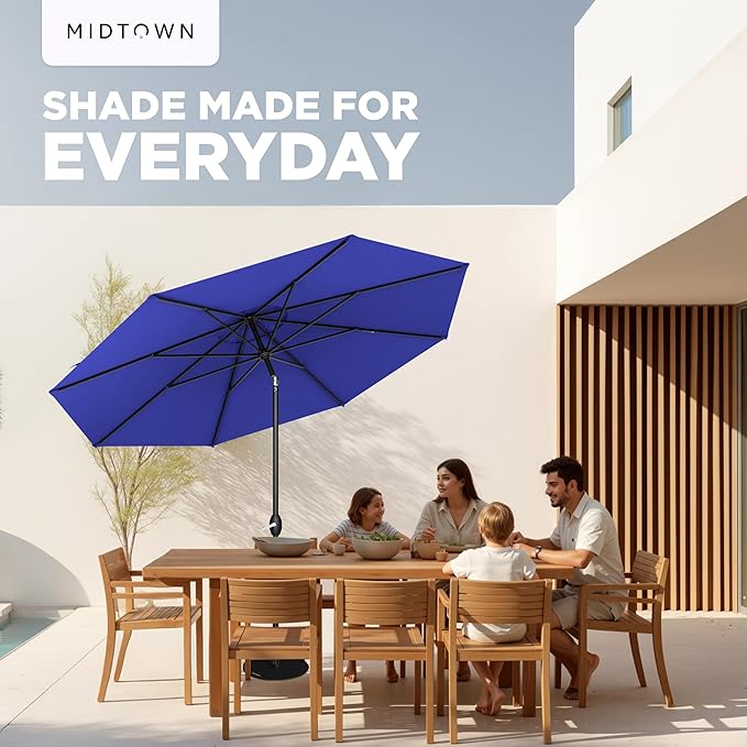 Midtown Umbrellas - 10-Year-No-Fade 8 Ft Patio Umbrella with Terylast Fabric Auto-Tilt Aluminum Frame and 8 Reinforced Ribs for Deck Pool Garden &amp Beach - Royal Blue Canopy Black Pole