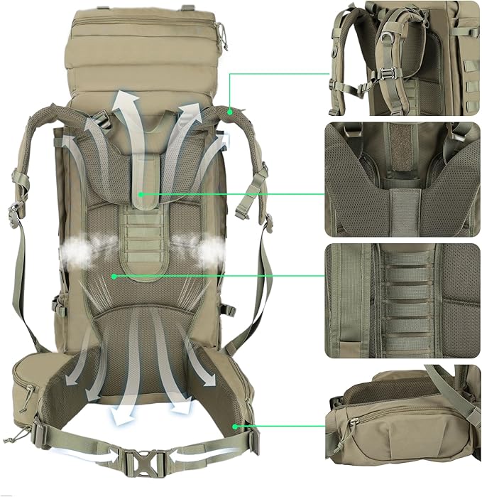 Zsearaymy 75L Hiking MOLLE Backpack with Internal Frame &amp Rain Cover for Tactical Camping Backpacking Survival Travel (OD.Green)