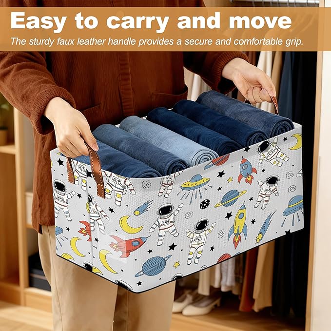 Space Planet Storage Bin with Handles Basket Storage Organizer for Shelves Closet Nursery Book Laundry Hamper &amp Home Decor