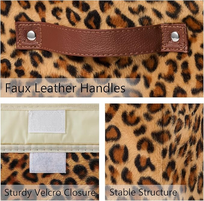 2PCS Storage Cubes with Flip-top Lid 11 Inch Leopard Print Velvet Fabric Cute Decorative Storage Bins Boxes PU Leather Handles Closet Organizer Container Foldable Washable Shelf Basket