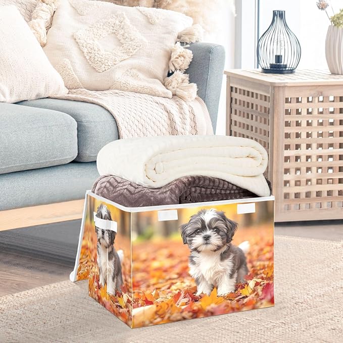 AIXIWAWA Lidded Storage Cube (Fall Puppy) Fabric Foldable Closet Bins with Flip Lid and Handles Organizer Basket Container 16.5 x 12.6 x 11.8 IN