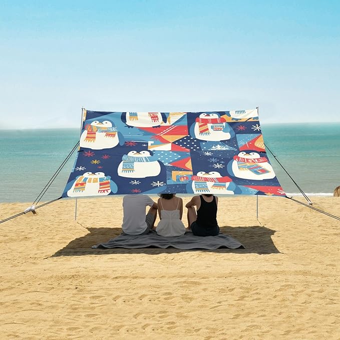 Christmas Penguin Foldable Beach Cabana UPF50+ Waterproof Large Sun Shelter with Sandbags and Shovel for Backyard and Camping