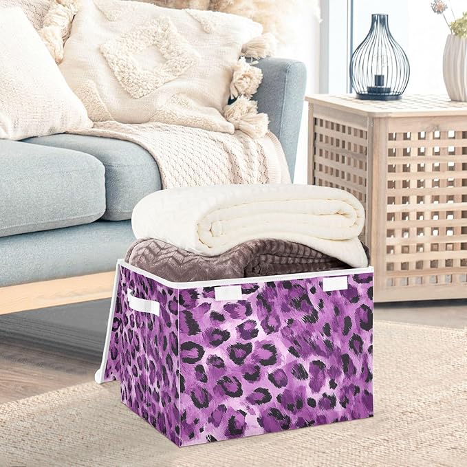 Collapsible Storage Bins with Lids Decorative Fabric Storage Cubes Closet Organizer and Storage Basket Boxes Containers for Clothes Box Chest Nursery Folding Rectangle Purple Leopard Print