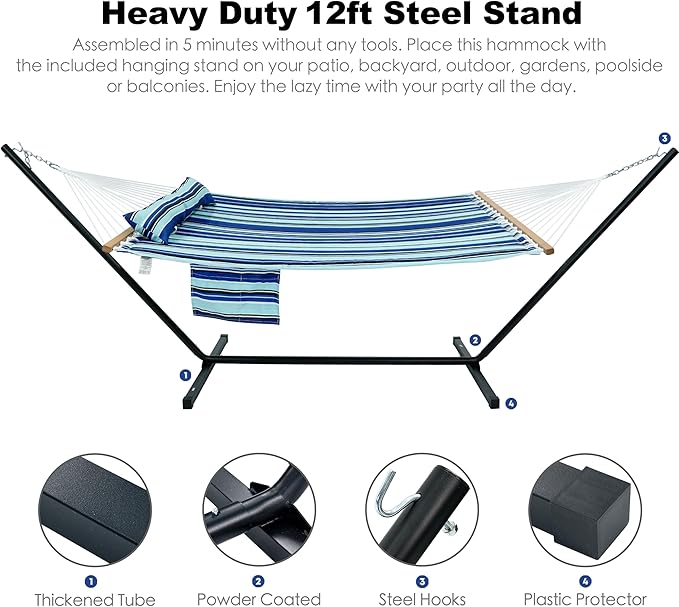 GAFETE 2 Person Hammock with Stand for Outside Heavy Duty Steel Stand Double 55inch Hammocks Large Removable Pillow Storage Bags Max 475 lbs Capacity (Pacific Stripe Blue)