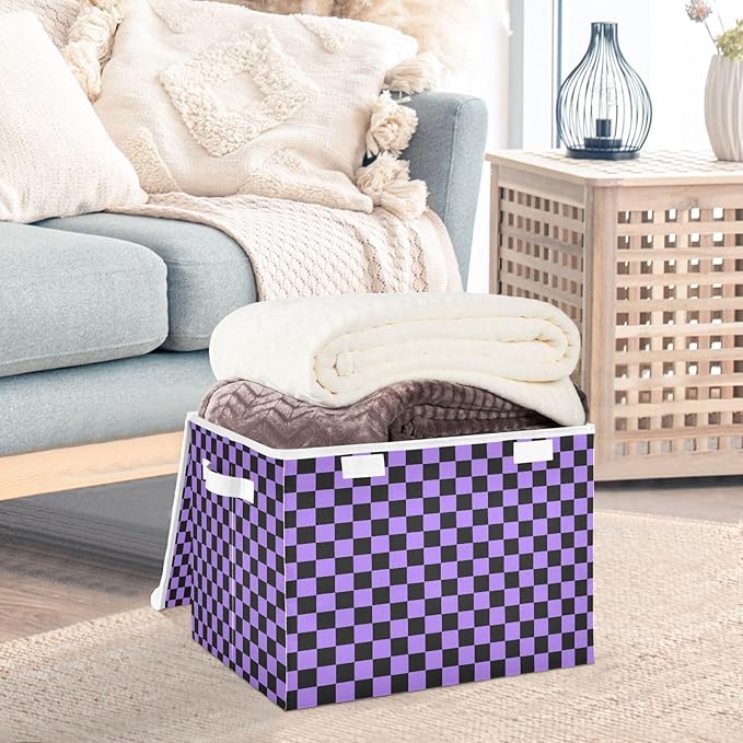 Purple Black Checkerboard Storage Baskets Lidded Bin Foldable Storage Boxes Cubes Lids with 2 Handles for Organizing Closet Home Office