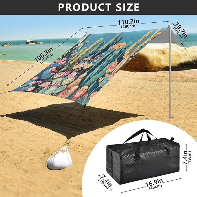 ALAZA Colorful Cactuses Beach Tent Sun Shelter Portable Canopy Sunshade for Outdoor Camping Picnics Backyard Fun 10x9 ft