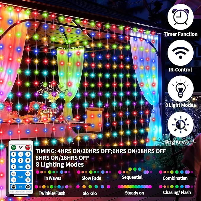 Solar Curtain Lights 10x10Ft 300LED Twinkle Fairy String Lights Multicolor Cool White Dual Color Changing Dimmable Waterproof Remote Timer Memory for Christmas Wedding Pergola Patio Outside