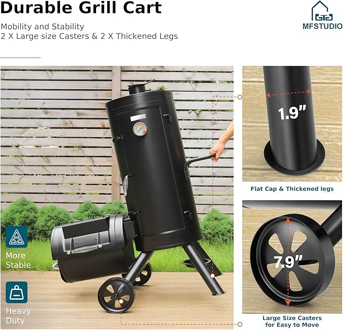 MFSTUDIO Vertical Offset Smoker Grill Extra Large Barrel Charcoal Grill with Smoker Combo for BBQ Smoking 961 SQ.IN.