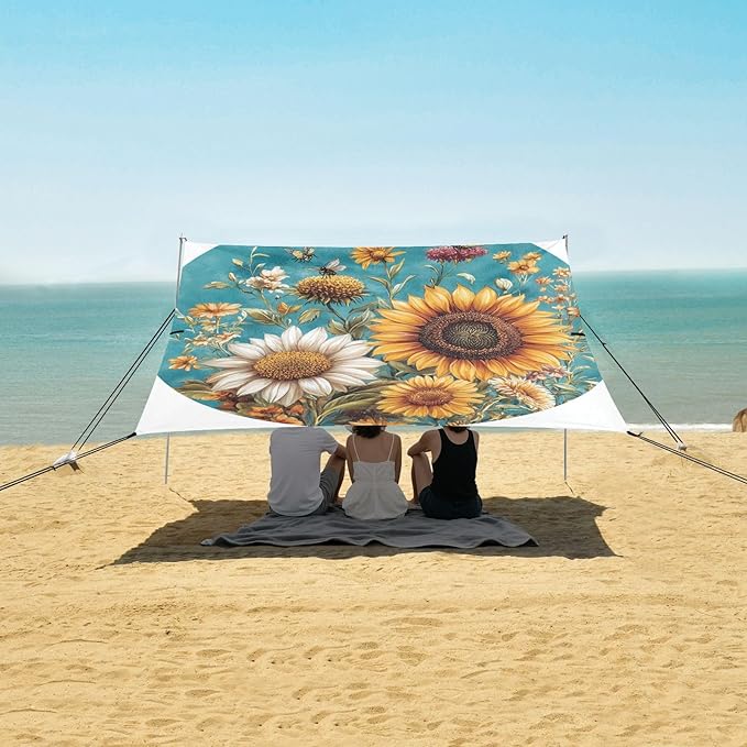 Autumn Flowers Sunflower Bellflower Butterflies Beach Tent UPF50+ Lightweight Portable Sun Shelter Includes Sand Shovel Sandbags Stability Poles for Family Trips Picnics &amp Camping