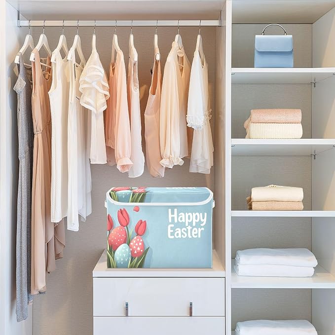 Happy Easter Pattern Foldable Storage Baskets Fabric Boxes with Handle Organizers with Flip-Top Lids Storage Bins for Home Bedroom Office