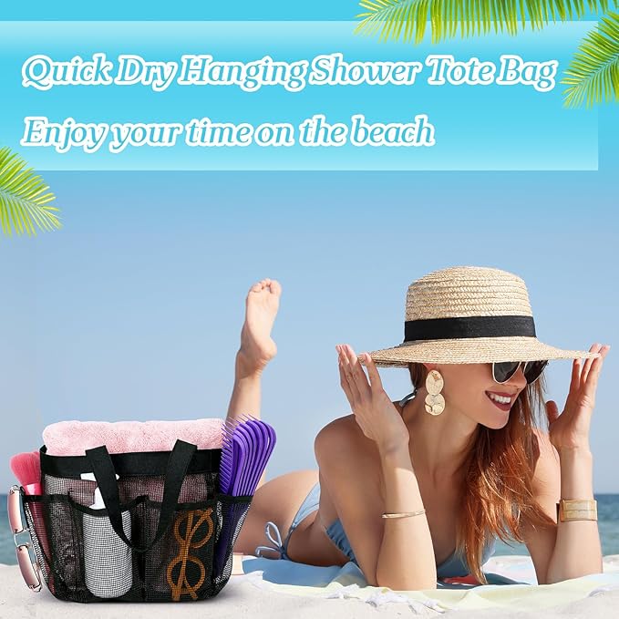 8 Packs Mesh Shower Caddy Portable Large Shower Caddy Dorm with 8 Pockets and Handles Quick Dry Shower Bags Hanging Bath Bag Dorm Room College Essentials for Bathroom Gym Camp (Black)