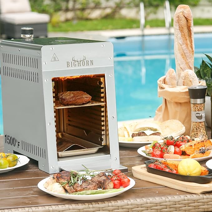 BIG HORN OUTDOORS Portable Infrared Broiler Propane Gas Grill 1500 Degree Stainless Steel Tabletop Quick Cooking Steak Grill for Meat Seafood Veggies