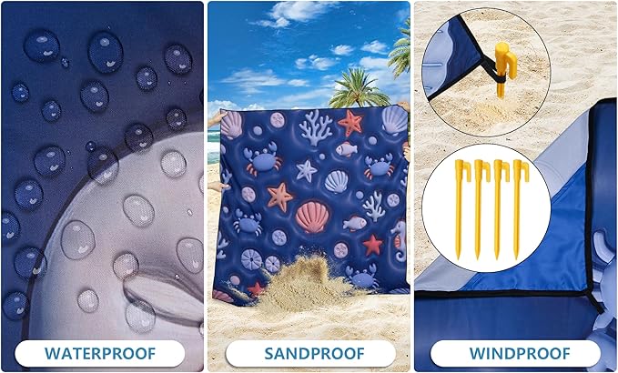WIWIGO Beach Blanket Waterproof Sandproof Beach Mat 79 X 83/10'x9'for 2-8 Adults Quick Drying Outdoor Picnic Mat Beach Accessories for Travel Camping Hiking