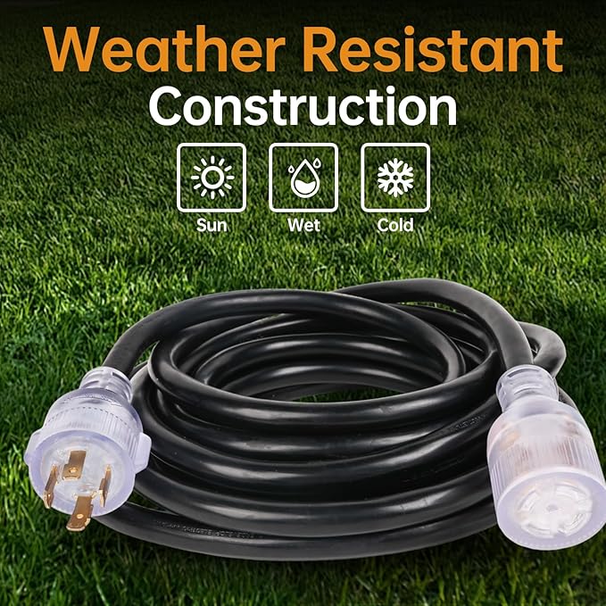 MaxWorks 80841 25-Foot Generator Extension Cord - 30 Amp 125/250V 10 Gauge 4-Prong Twist Lock (NEMA L14-30P to L14-30R) - Heavy Duty SJTW Weather-Resistant Power Cord for Transfer Switch ETL Listed
