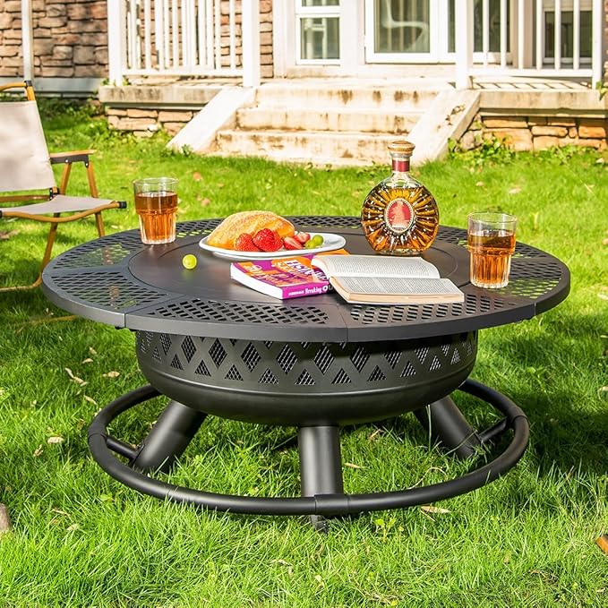 36 Inch Fire Pit with GrillWood Burning Fire Pits for Outside with Lid&amp Fire PokerRound Metal Firepit Table 3 in 1 with Cooking GrateOutdoor Firepits for Yard Patio Bonfire Camping(Black)