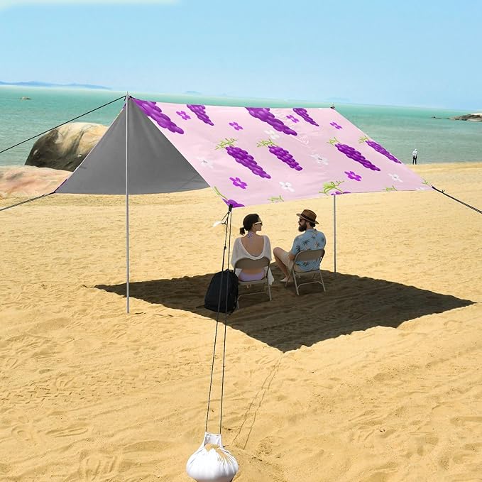 xigua Grape Beach Tent Sun Shelter with Carrying Bag - Silver Coated Oxford Fabric Beach Canopy for Beach Camping Fishing - Includes Windproof Ropes Sandbags &amp Stakes
