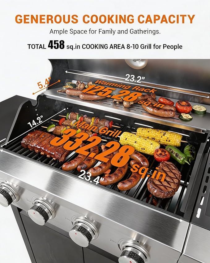 EUHOME 46500 BTU 4-Burner Propane Gas Grill with Side Burner – Stainless Steel Outdoor BBQ with Enameled Cast Iron Grates &amp Foldable Side Tables for Patio Backyard and Outdoor Cooking