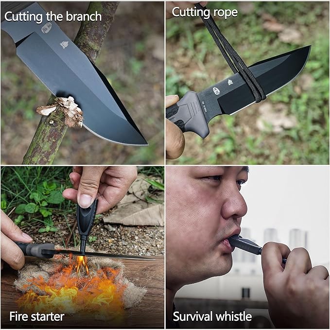 HX OUTDOORS Extra Sharp Bushcraft Knife with Fire Starter Premium D2 Steel Fixed Blade Survival Camping Knife with Ferro Rod Plastic Sheath for Outdoor Hiking Backpacking (Black)
