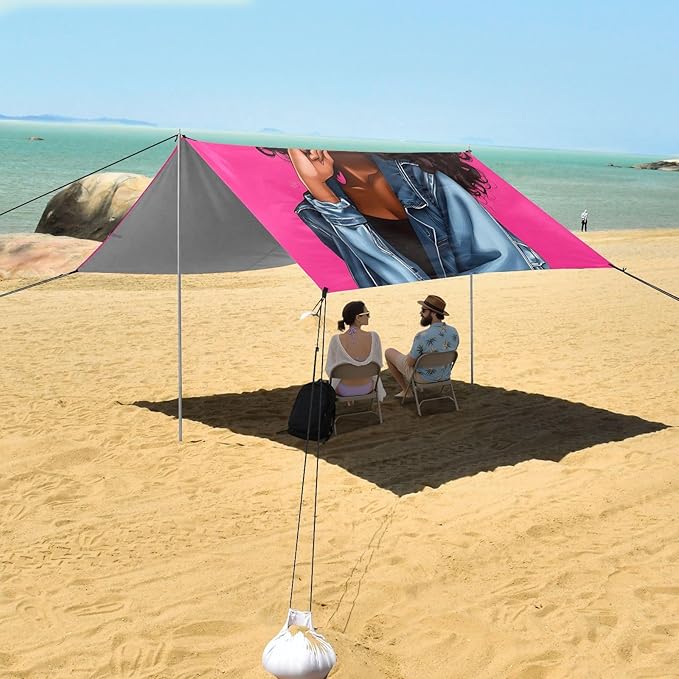 ALAZA Afro Girl Afircan American Beach Tent Sun Shelter UPF50+ Protection Beach Shade Canopy w/ 4 Sandbags for Outdoor Camping Fishing Backyard Fun Picnic 10x9 ft