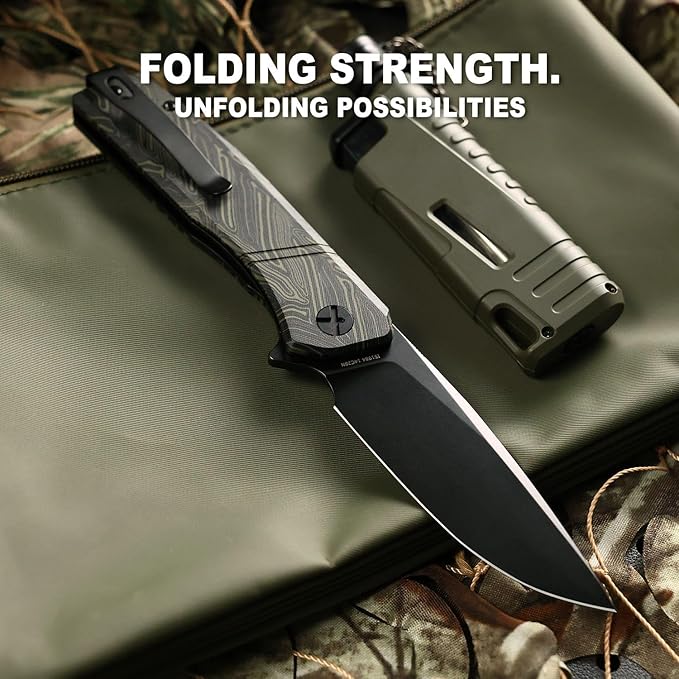IOI Task Force I51984 Tactical Pocket Knife for Men – 14C28N Black Titanium PVD Folding Blade Green Gmascus G10 Handle EDC Knife with Clip Enhanced Custom LeftSide Clip for Everyday Carry Camping