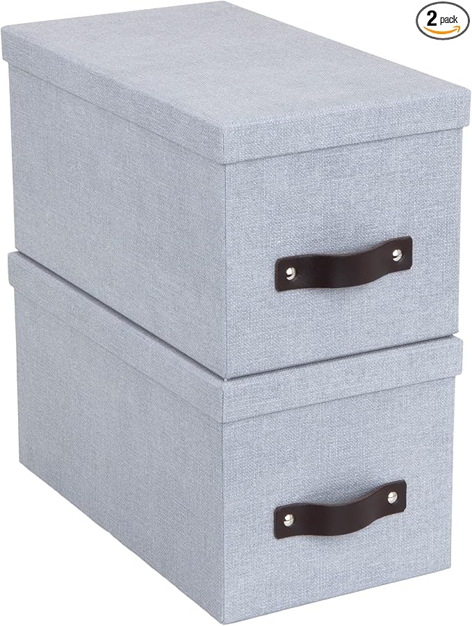 Bigso Box of Sweden Silvia Organizational Storage Box with Leather Handle for Shelves and Stacks Easily | Durable and Decorative Storage Boxes with Lids | 11.8 x 6.5 x 11.6 | 2 Pack | Ash