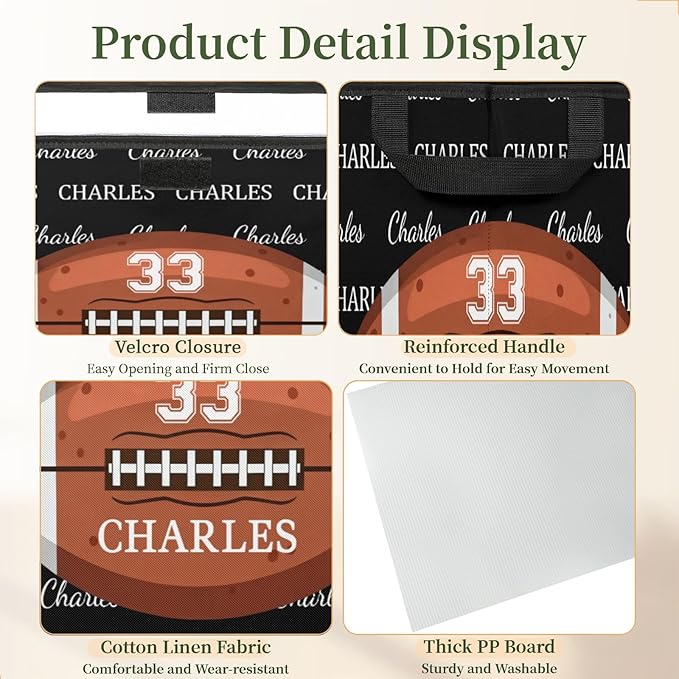 American football Custom Storage Bins with Lid Foldable Fabric Personalized Storage Basket Box with Handle Storage Organizer Container for Home Bedroom Closet