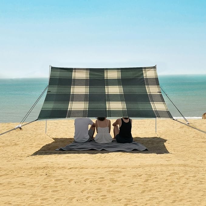 Springgreen Buffalo Plaid Check Tartan Scotland Beach Cabana Tent UPF50+ Easy Setup Shade Sun Shelter Includes Sand Shovel Sandbags Stability Poles for Camping Picnics Backyard &amp Fishing