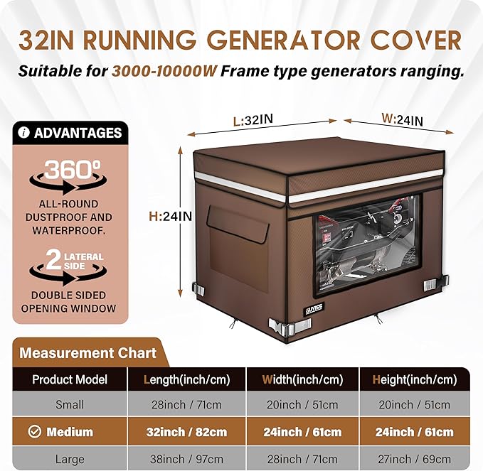 Running Generator Cover. 32L×24W×24H Generator Cover Top Can Be Opened for Refueling 900D+210D Heavy Duty Waterproof PVC Transparent Visual Operation Window Coffee