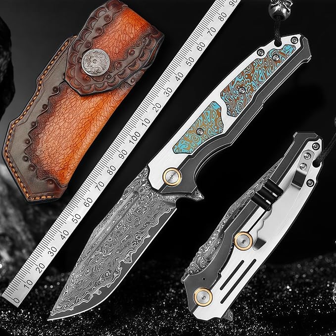Damascus Steel Folding Knife HRC 60 Pocket Knife for Men 67-Layer Damascus Steel Folding Knife Pocket Knives Hunting Knifes Gift for Boyfriend who Loves Hunting Camping Essentials Men Gifts