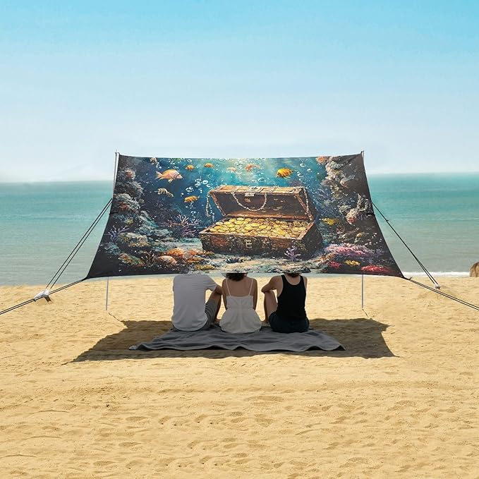 ALAZA Undersea Treasure Fish Beach Tent Sun Shelter UPF50+ Protection Beach Shade Canopy w/ 4 Sandbags for Outdoor Camping Fishing Backyard Fun Picnic 10x9 ft
