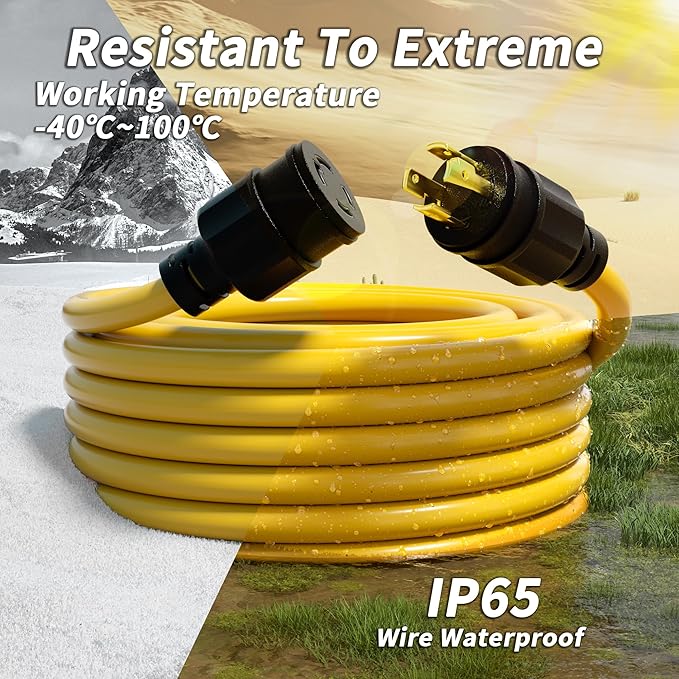 PlugSaf 50FT 30 Amp Generator Extension Cord 4 Prong NEMA L14-30P/L14-30R 10 Gauge STW 125/250V Twist Lock Generator Cord Heavy Duty Yellow ETL Listed