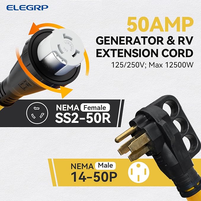 ELEGRP 50 Amp RV/Generator Extension Cord 50FT NEMA 14-50P to SS2-50R Twist Lock 6/3+8/1 Gauge STW Heavy Duty 50A RV Power Cord for Camper/Generator/House UL Standard Compliant 3-Year Support
