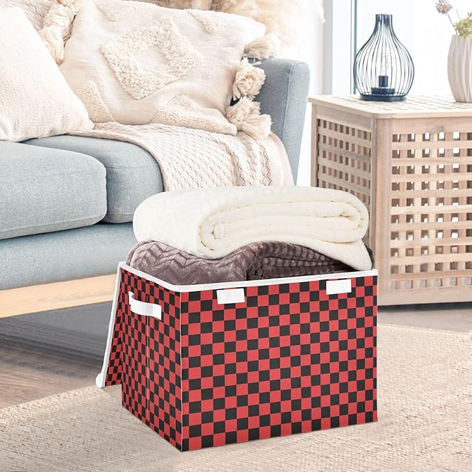 Red Black Checkerboard Storage Baskets Lidded Bin Foldable Storage Boxes Cubes Lids with 2 Handles for Organizing Closet Home Office