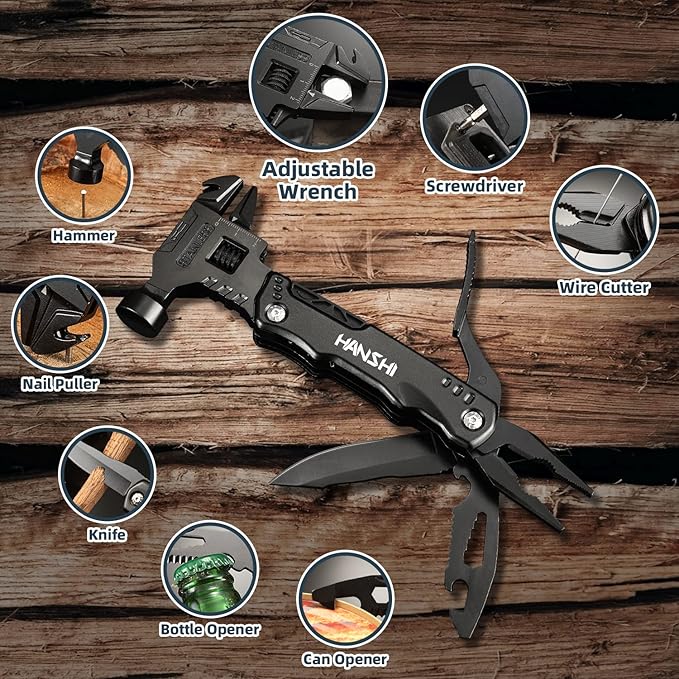 HANSHI Adjustable Wrench Multitool Hammer for Survival16 in 1 Multitools Pliers with Nylon SheathPocket Knife Multi Screwdriver Tool All in One Camping Accessories for Stocking Stuffers for Men