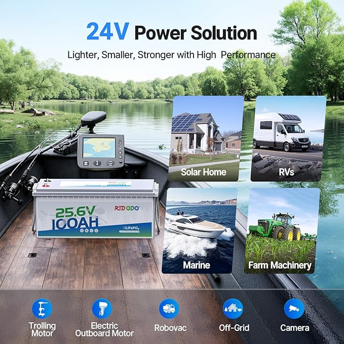 Redodo 24V 100Ah Lithium LiFePO4 Battery and 29.2V 20A Charger Set 2560Wh Up to 15000 Cycles Perfect for Trolling Motor RV Marine Boat and Solar Home