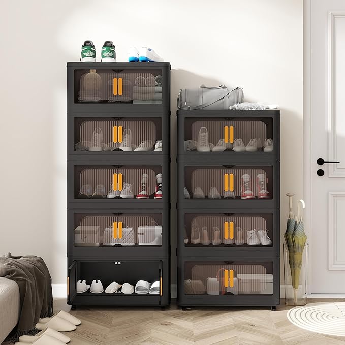 24 Side Wide Folding Storage Cabinet - Black 4-Tier Collapsible Storage Bin with Magnetic Door and Wheels for Living Room Kitchen Bedroom Garage